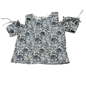 H&M Blue and White Floral Cold Shoulder Blouse w/Ties Size L